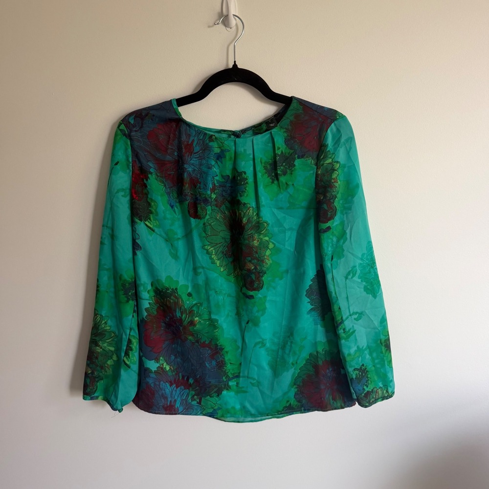 J.Crew Green Floral Long Sleeve Blouse Pleated Neck 06801 Womens Small